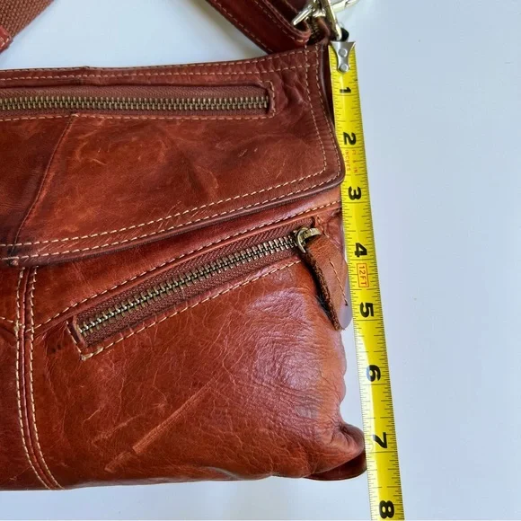 Genuine Leather Cognac Slouchy Hobo Multi Zip/Compartment Crossbody Bag - Picture 3 of 10